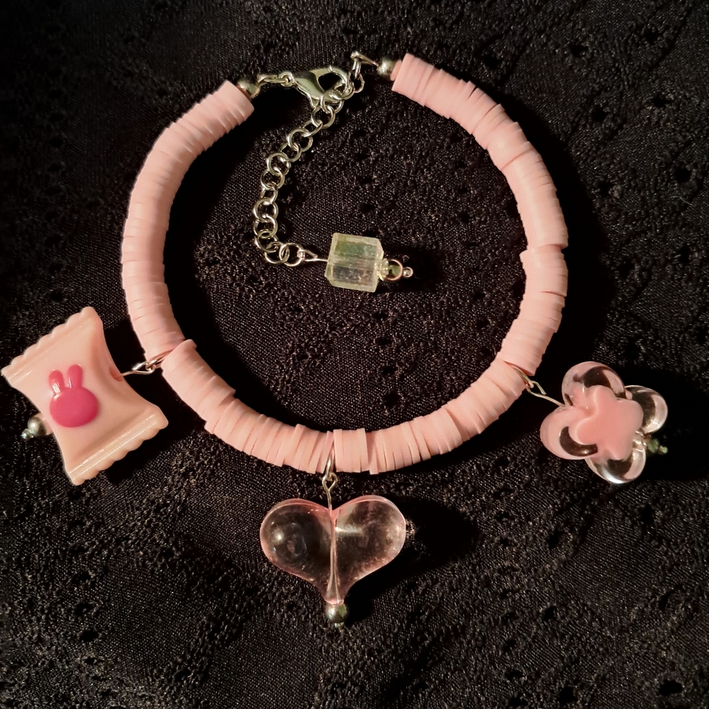 Handmade Pink Clay Beaded Bracelet, Memory Wire, Extender, Kids